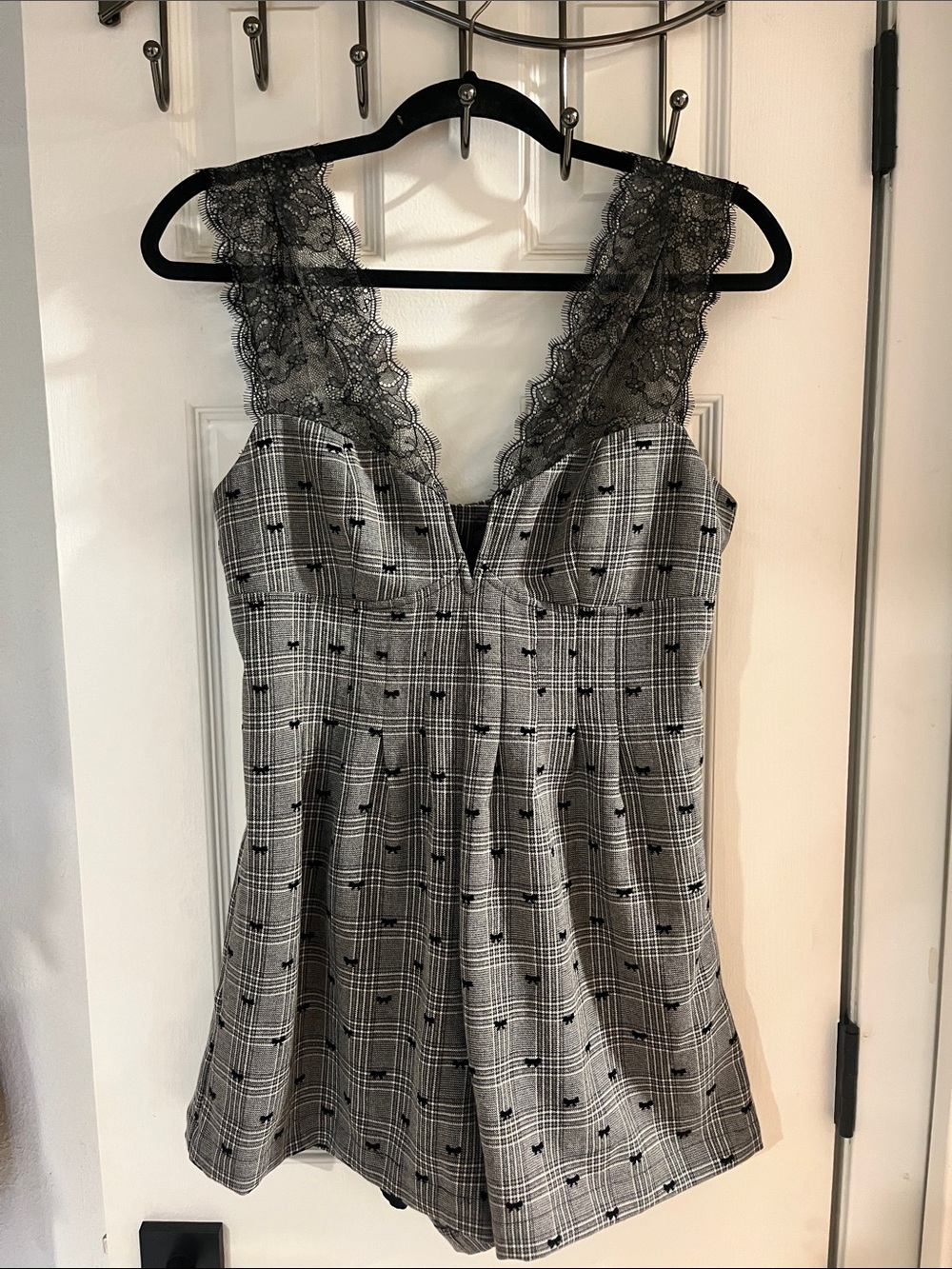 Maeve Gray Plaid Chemise with Black Lace Trim